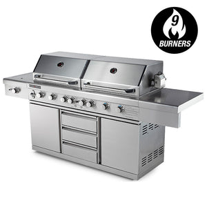 EuroGrille 9 Burner Outdoor BBQ Grill Barbeque Gas Stainless Steel Kitchen Commercial