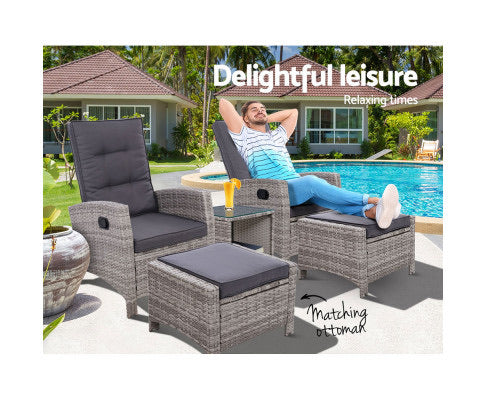 Gardeon Outdoor Patio Furniture Recliner Chairs Table Setting Wicker Lounge 5pc Grey