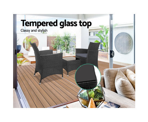 Gardeon 3pc Rattan Bistro Wicker Outdoor Furniture Set Black