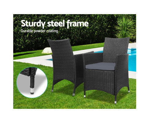 Gardeon 3pc Rattan Bistro Wicker Outdoor Furniture Set Black