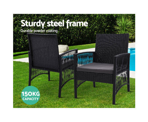 Gardeon Outdoor Furniture Dining Chairs Rattan Garden Patio Cushion Black 3PCS Tea Coffee Cafe Bar Set