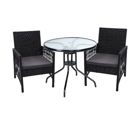 Gardeon Outdoor Furniture Dining Chairs Rattan Garden Patio Cushion Black 3PCS Tea Coffee Cafe Bar Set