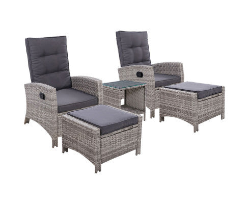 Gardeon Outdoor Patio Furniture Recliner Chairs Table Setting Wicker Lounge 5pc Grey