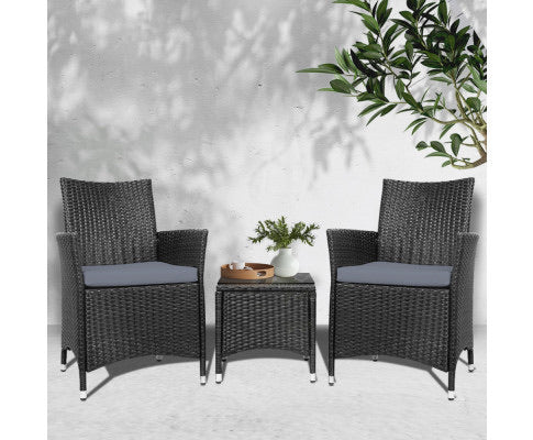Gardeon 3pc Rattan Bistro Wicker Outdoor Furniture Set Black