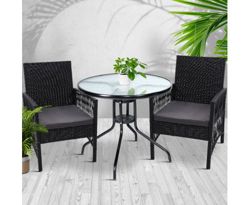 Gardeon Outdoor Furniture Dining Chairs Rattan Garden Patio Cushion Black 3PCS Tea Coffee Cafe Bar Set