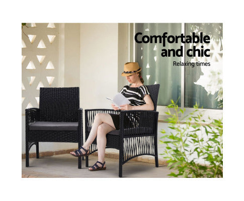 Gardeon Outdoor Furniture Dining Chairs Rattan Garden Patio Cushion Black 3PCS Tea Coffee Cafe Bar Set