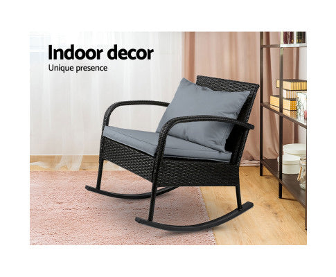 Gardeon Outdoor Furniture Rocking Chair Wicker Garden Patio Lounge Setting Black