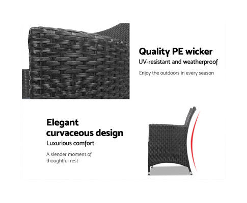 Gardeon 3pc Rattan Bistro Wicker Outdoor Furniture Set Black