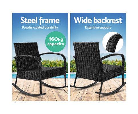 Gardeon Outdoor Furniture Rocking Chair Wicker Garden Patio Lounge Setting Black