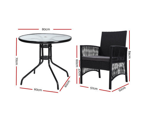 Gardeon Outdoor Furniture Dining Chairs Rattan Garden Patio Cushion Black 3PCS Tea Coffee Cafe Bar Set