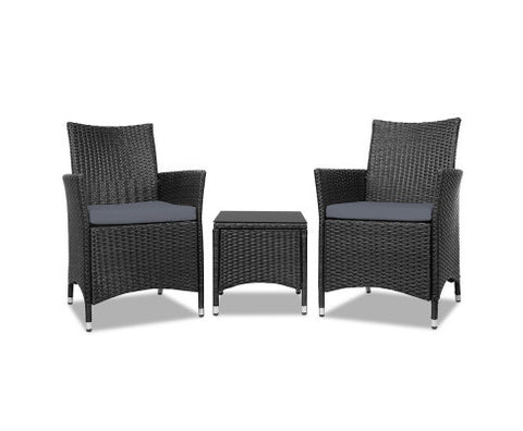 Gardeon 3pc Rattan Bistro Wicker Outdoor Furniture Set Black