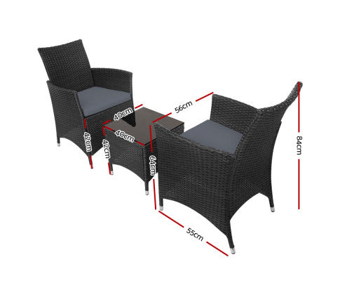 Gardeon 3pc Rattan Bistro Wicker Outdoor Furniture Set Black